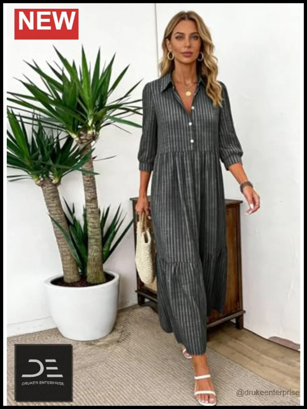 Women's Striped Shirt Maxi Dress - Boho Breezy 3/4 Sleeve Collared